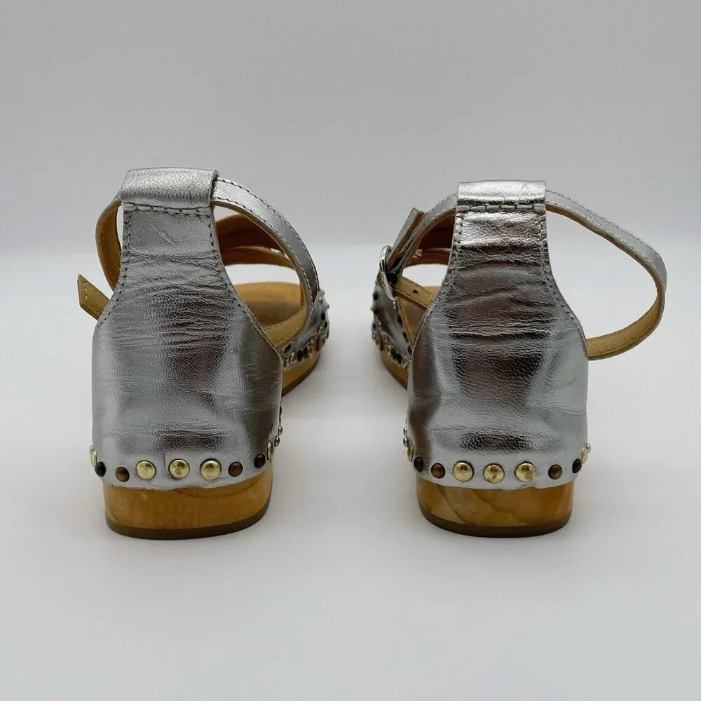 Free People Sandals 10 / 41 North Shore Clog Silver Leather Strappy Studded Wood
